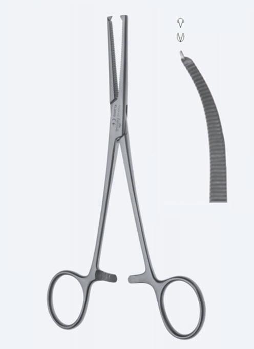 Зажими гемостатичні, "Kocher", вигнуті, зубчасті щелепи, зубці 2 х 1, з кремальєрою, загальна довжина 150 мм. Бренд - Asanus Medizintechnik Gmb, Німеччина